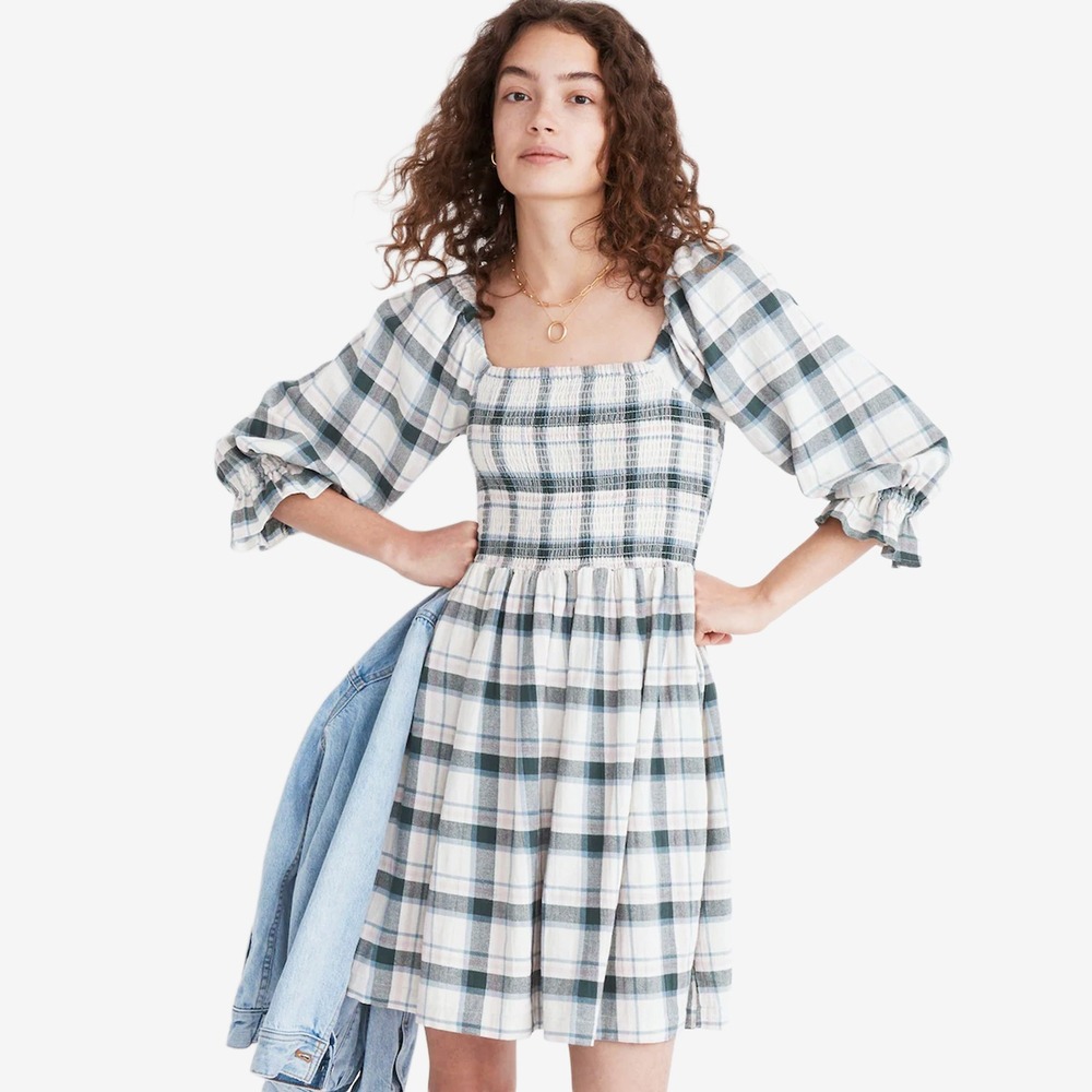 Madewell Lucie Smocked Mini Dress Size M Lebaum Plaid